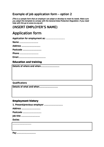 Blank Job Application Form Template