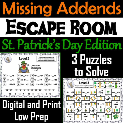 Missing Addends Addition and Subtraction: St. Patrick's Day Escape Room Math