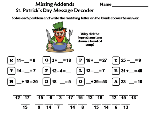 Missing Addends St. Patrick's Day Math Activity: Message Decoder