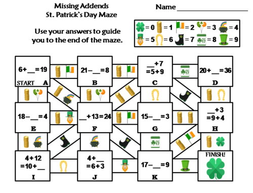 Missing Addends St. Patrick's Day Math Maze