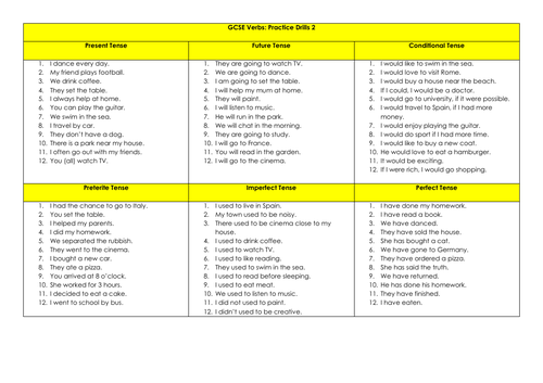 Spanish Gcse Key Verbs And Tenses Drill Sheet With Answers Teaching Resources