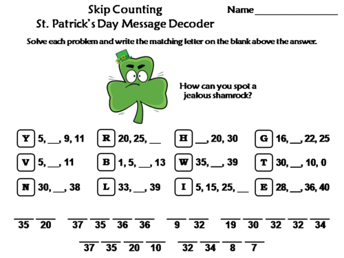 Skip Counting by 2, 3, 4, 5, 10 St. Patrick's Day Math Activity: Message Decoder