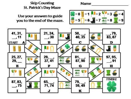 Skip Counting by 2, 3, 4, 5, 10 St. Patrick's Day Math Maze