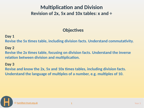 Revision of 2x, 5x and 10x tables - Teaching Presentation - Year 3