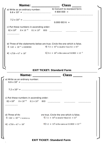 Exit Tickets for various maths topics