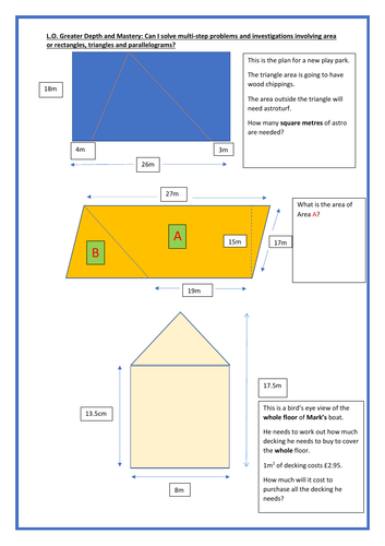 Area of rectangles, triangles and parallelograms for Greater Depth Year 6