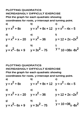 Plotting quadratic graphs - increasingly difficult questions