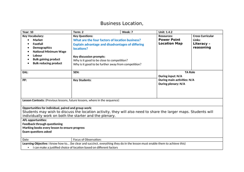 Locating a business. Business Location - Lesson plan, power point and activity