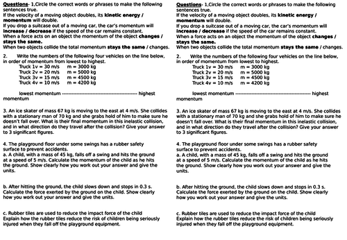 AQA Momentum with question sheet