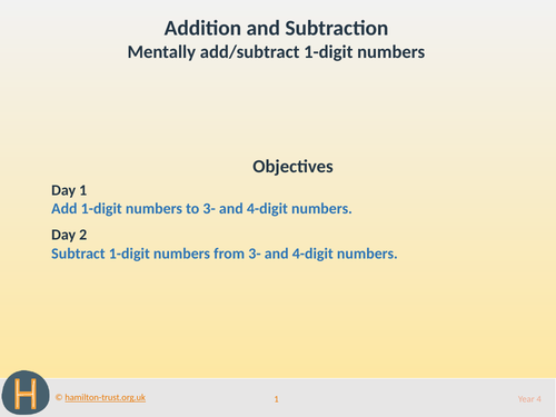 Teaching Presentation: Mentally add/subtract 1-digit numbers (Year 4  Addition and Subtraction)