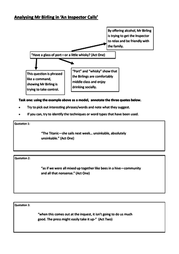 Mr Birling quotation analysis (An Inspector Calls independent tasks)