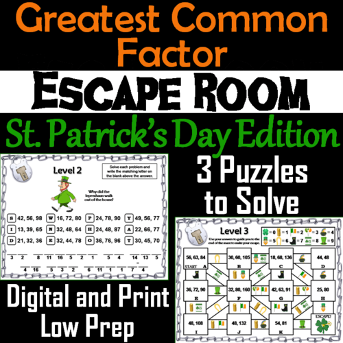 St. Patrick's Day Escape Room Math: Greatest Common Factor 4th 5th 6th 7th Grade