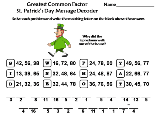 Greatest Common Factor St. Patrick's Day Math Activity: Message Decoder