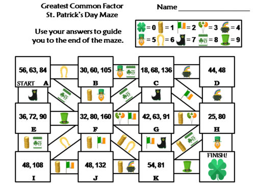Greatest Common Factor Activity: St. Patrick's Day Math Maze
