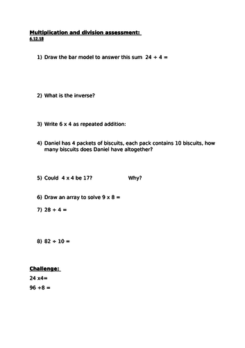 Multiplication and division assessment questions year 3