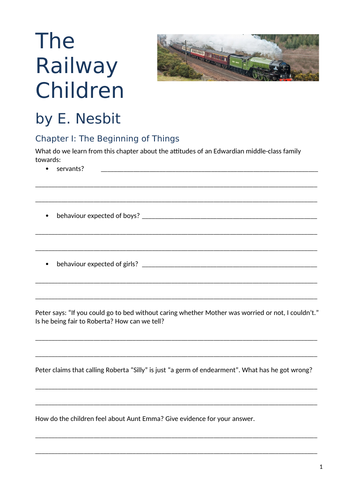 Reading comprehension: The Railway Children by E. Nesbit, questions on all chapters