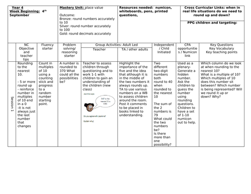 weekly WRMH planning year 4 place value week 1