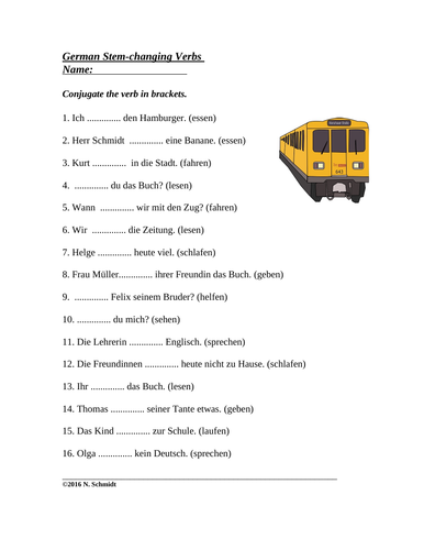 German Stem-changing Verbs Worksheet (helfen, essen etc) Root Change Verbs