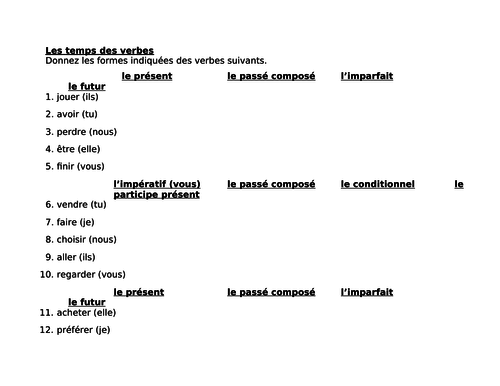 Temps Des Verbes Verb Tenses In French Test 1 Teaching Resources