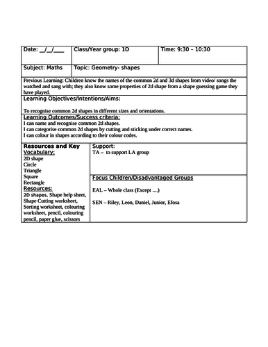 Maths 2d Shapes Lesson Plan Teaching Resources 