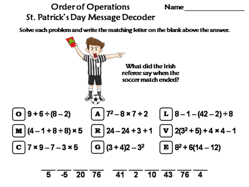 Order of Operations St. Patrick's Day Math Activity: Message Decoder