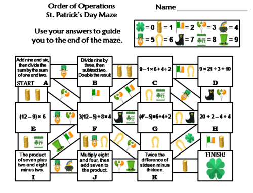 Order of Operations Activity: St. Patrick's Day Math Maze
