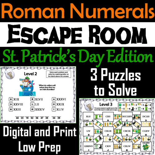 St. Patrick's Day Escape Room Math: Roman Numerals Game (4th 5th 6th 7th Grade)