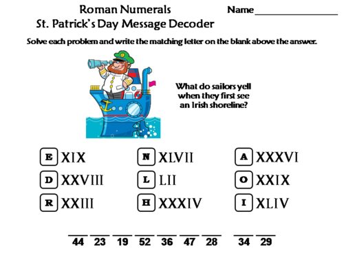 Roman Numerals St. Patrick's Day Math Activity: Message Decoder