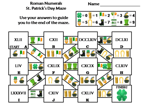 Roman Numerals Activity: St. Patrick's Day Math Maze