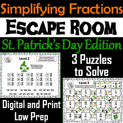 St. Patrick's Day Escape Room Math: Simplifying Fractions 4th 5th 6th 7th Grade
