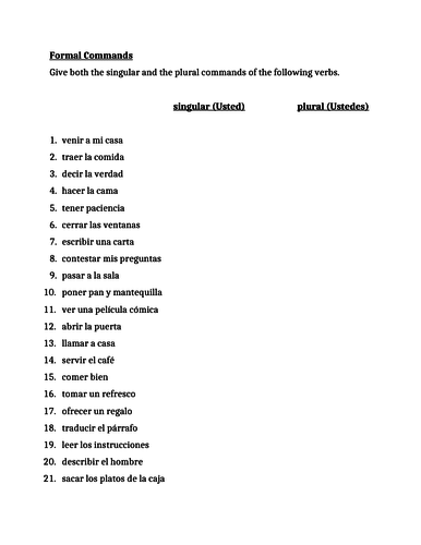 Formal Commands in Spanish Worksheet