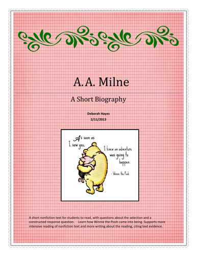 A. A. Milne Biography Activity and Constructed Response - UK Version