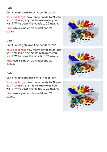 Bonds to 20 worksheet and investigation Year 1/2