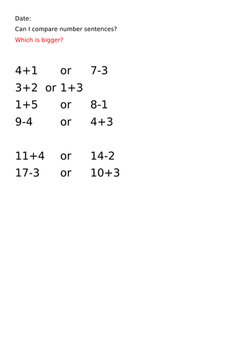 Comparing number sentences worksheet Year 1 | Teaching Resources