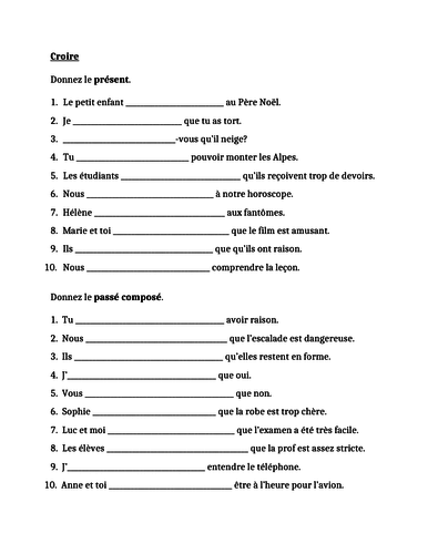 Croire French Verb Worksheet