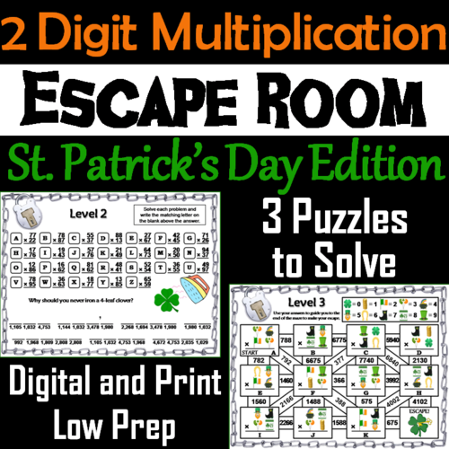 St. Patrick's Day Escape Room Math: Two Digit Multiplication (3rd 4th 5th Grade)