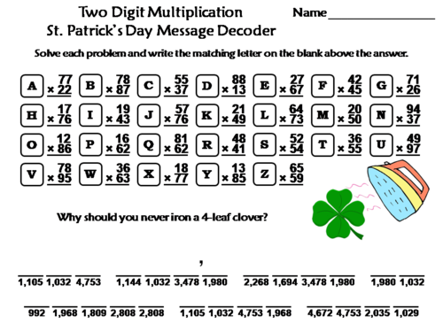 Two Digit Multiplication St. Patrick's Day Math Activity: Message Decoder