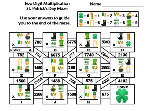 Two Digit Multiplication Activity: St. Patrick's Day Math Maze