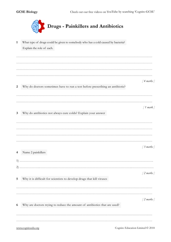 GCSE Biology (9-1) - Drugs - Painkillers and Antibiotics - Worksheet and Video
