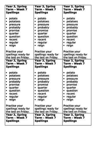 Year 3, No Nonsense Spelling List - Spring, Week 7