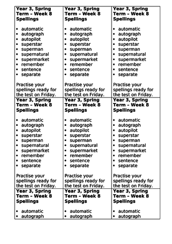 Year 3, No Nonsense Spelling List - Spring, Week 8