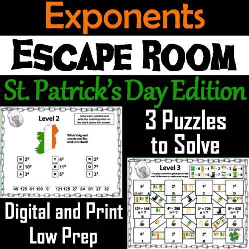 Exponents Game Escape Room St. Patrick's Day Math Activity 5th 6th 7th 8th Grade