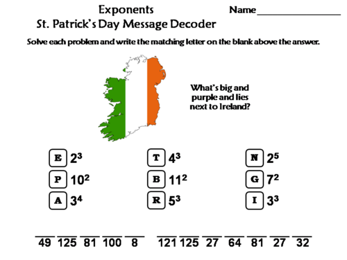 Exponents St. Patrick's Day Math Activity: Message Decoder