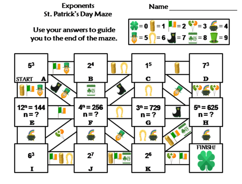 Exponents Activity: St. Patrick's Day Math Maze