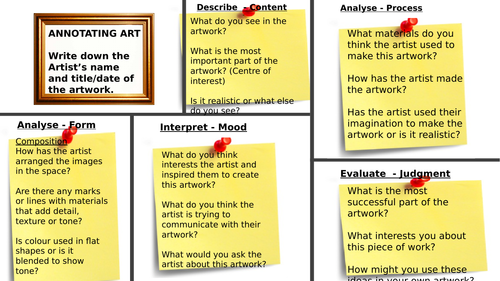 Artist Annotation help sheet for GCSE level 1 - 3  Art and Design
