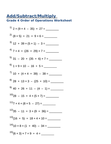 order of operations grade 4 teaching resources