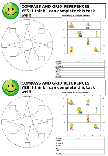 Map skills - Compass and Simpsons themed 4-fig grid references