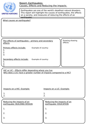 Written report structure - ‘U.N report’ on causes, effects and impacts of an earthquake