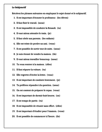 Subjonctif (Subjunctive in French) Worksheet 5