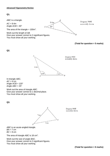 Advanced Trigonometry Gcse Exam Questions Sine Rule Cosine Rule Area And Bearings Teaching Resources